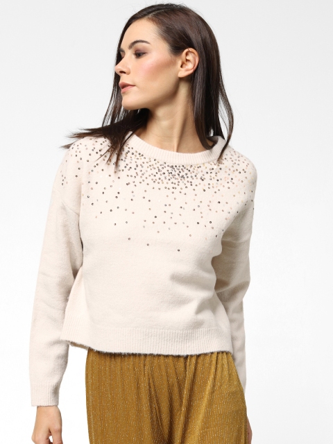 

ONLY Women Cream-Coloured Self-Design Pullover Sweater