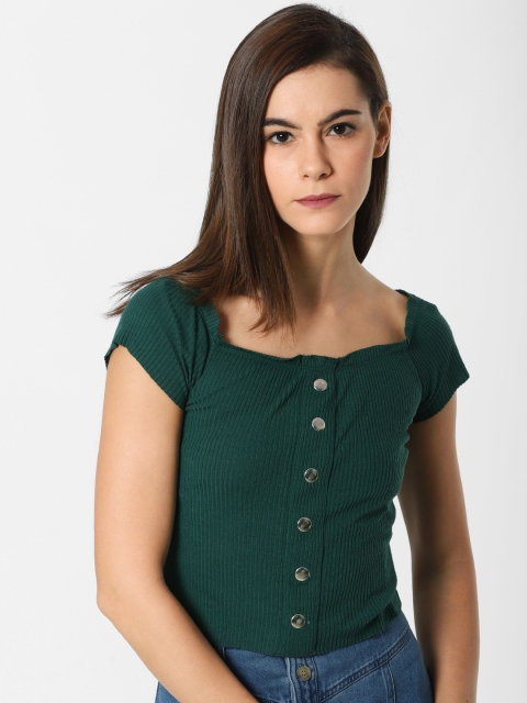 

ONLY Women Green Solid Embellished Fitted Top