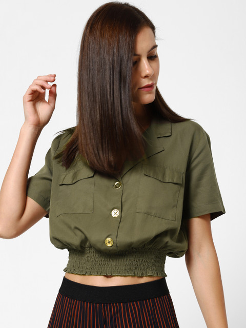 

ONLY Women Olive Green Regular Fit Solid Casual Cropped Shirt