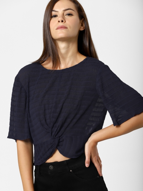 

ONLY Women Navy Blue Self Design Cinched Waist Top