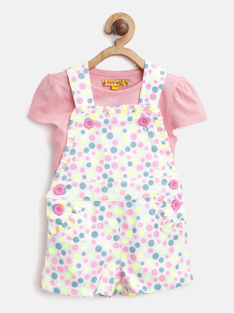 

Nauti Nati Girls Pink & White Solid T-Shirt with Dungarees