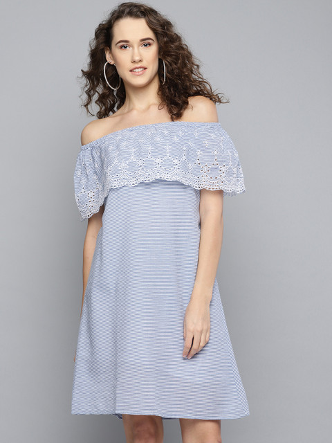 

Marie Claire Women Blue & White Striped Off-Shoulder A-Line Dress