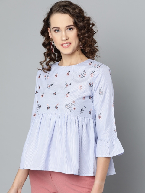 

Marie Claire Women Blue & White Striped A-Line Top with Floral Embroidery