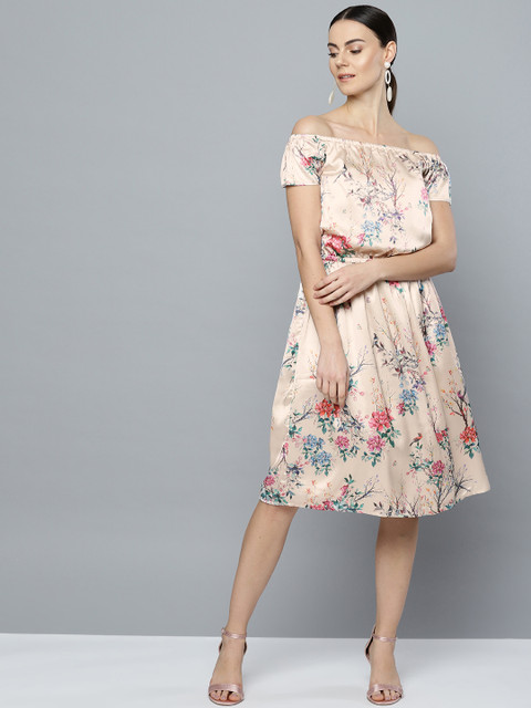 

Marie Claire Women Cream-Coloured & Blue Floral Print Blouson Dress With Satin Finish