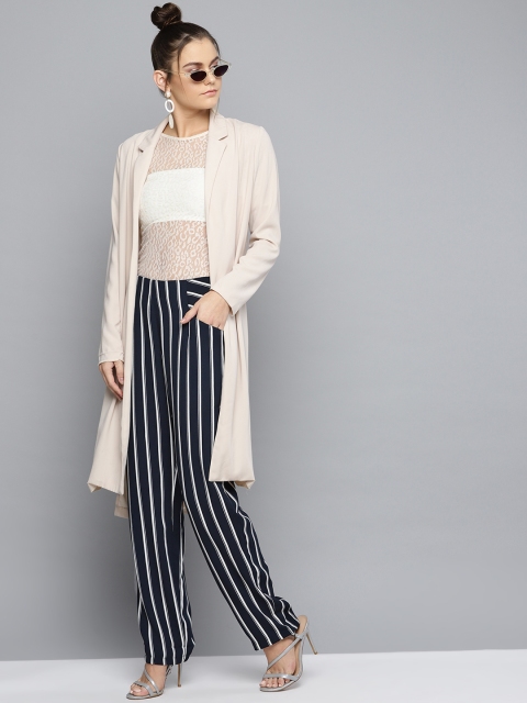 

Marie Claire Women Navy Blue & White Smart Regular Fit Striped Regular Trousers