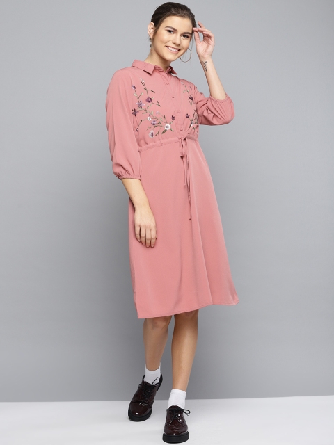 

Marie Claire Women Dusty Pink Floral Embroidered Shirt Dress