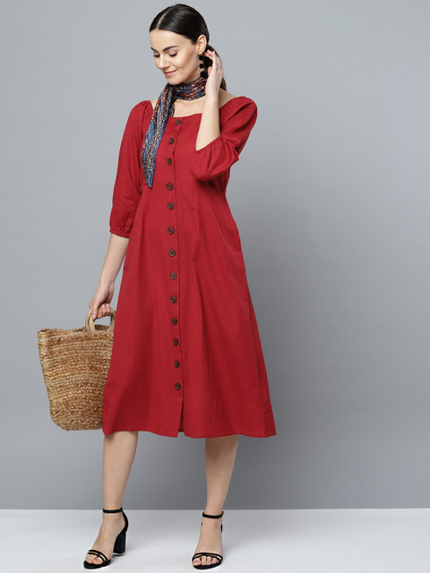 

Marie Claire Women Maroon Solid Midi A-Line Dress