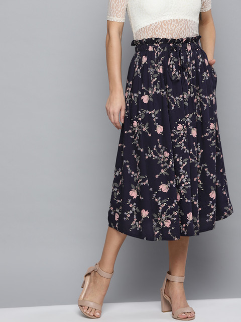 

Marie Claire Women Navy Blue & Pink Floral Printed Midi A-Line Skirt