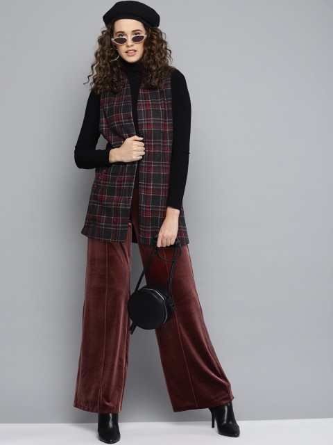 

Marie Claire Women Charcoal Grey & Red Checked Woolen Open Front Shrug