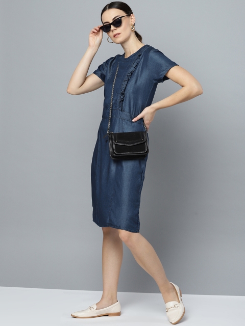 

Marie Claire Women Navy Blue Chambray Solid A-Line Dress