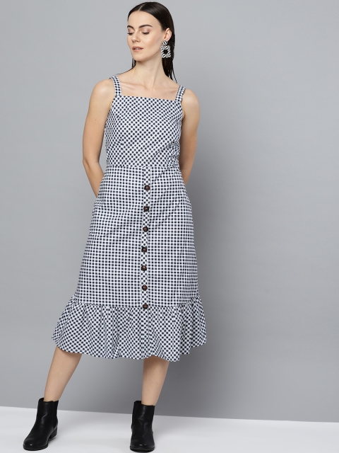 

Marie Claire Women Navy Blue & White Checked Midi A-Line Dress