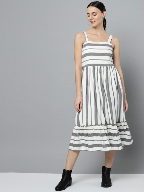 

Marie Claire Women Off-White & Navy Blue Striped A-Line Dress