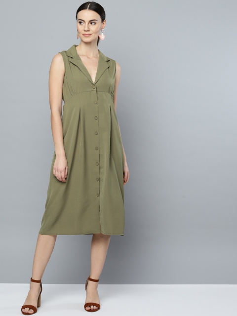 

Marie Claire Women Olive Green Solid Midi Shirt Dress