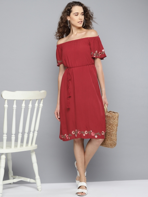 

Marie Claire Women Red Floral Embroidered Off-Shoulder A-Line Dress