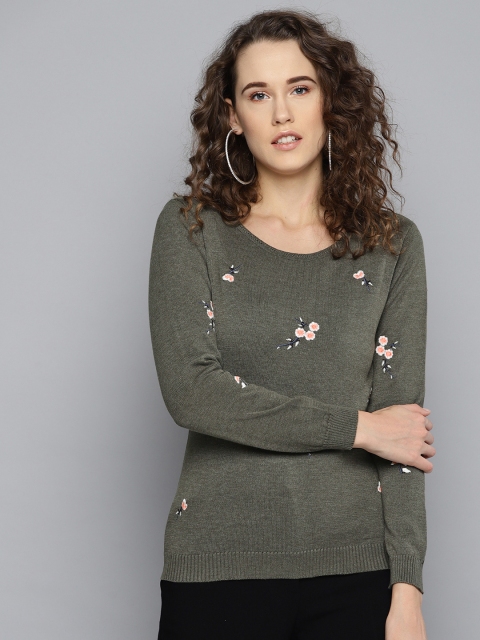

Marie Claire Women Olive Green Embroidered Sweater