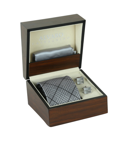 

Alvaro Castagnino Men Grey Tie, Cufflinks & Pocket Square Set