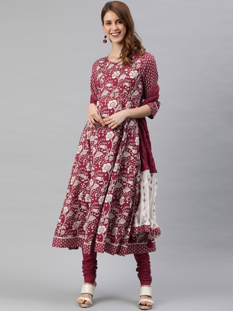 

Rain & Rainbow Women Maroon & White Printed Kurta with Churidar & Dupatta