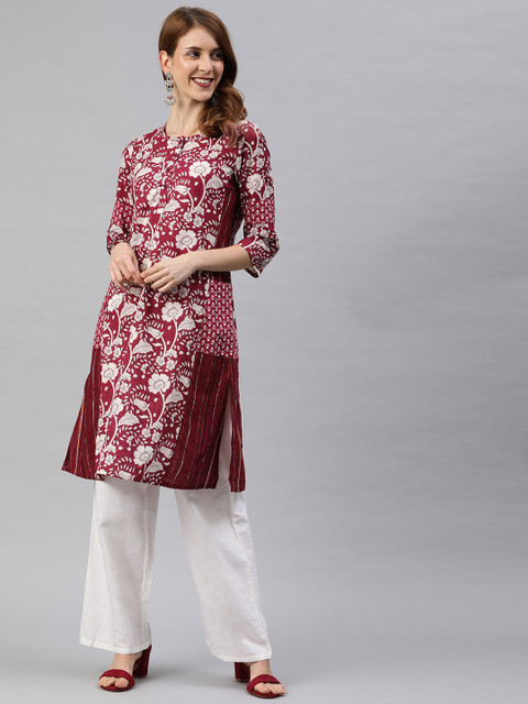 

Rain & Rainbow Women Maroon & White Floral Printed Straight Kurta