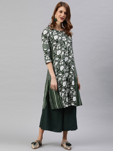 

Rain & Rainbow Women Green & White Floral Printed Straight Kurta