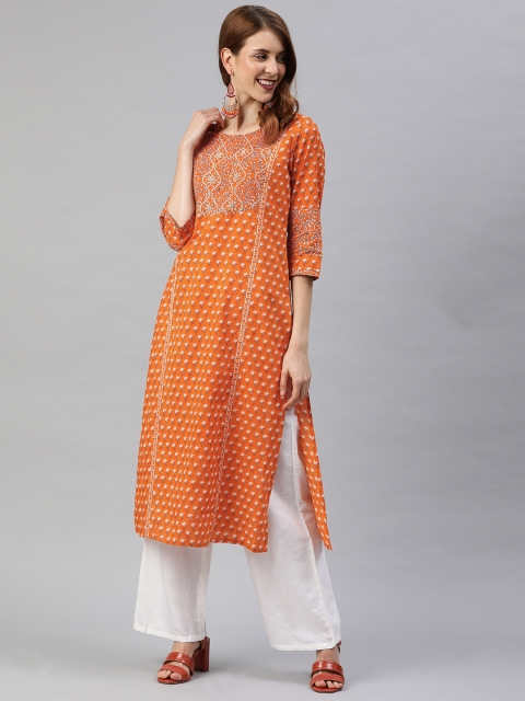 

Rain & Rainbow Women Orange & White Printed Straight Kurta