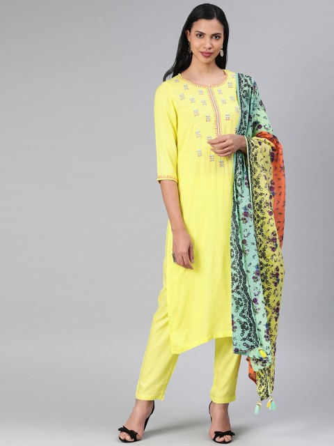

Rain & Rainbow Women Yellow & Green Embroidered Kurta with Trousers & Dupatta