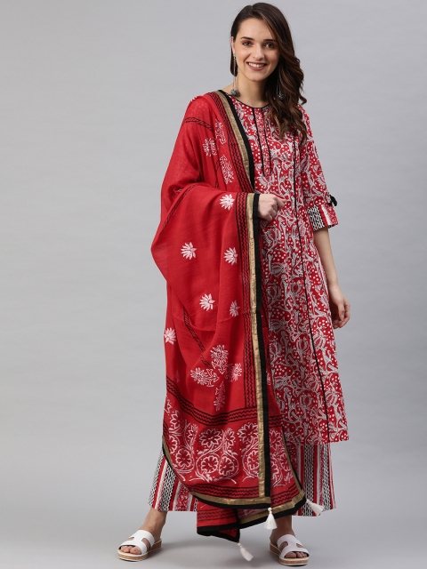 

Rain & Rainbow Women Red & White Printed Kurta with Palazzos & Dupatta