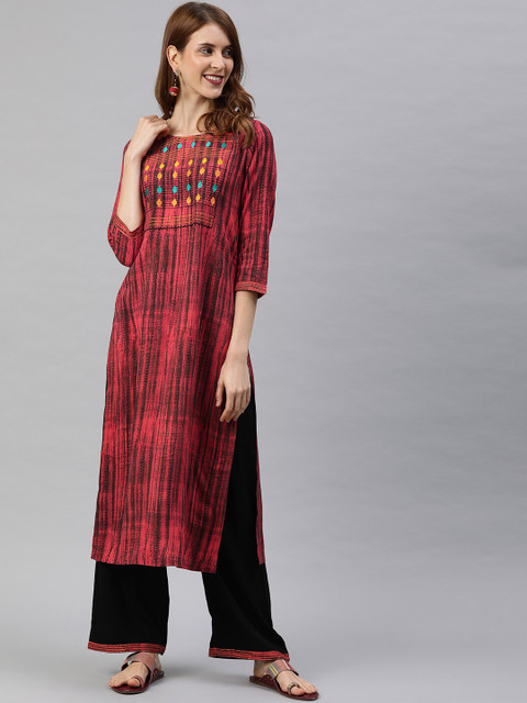 

Rain & Rainbow Women Red & Black Embroidered Kurta with Palazzos