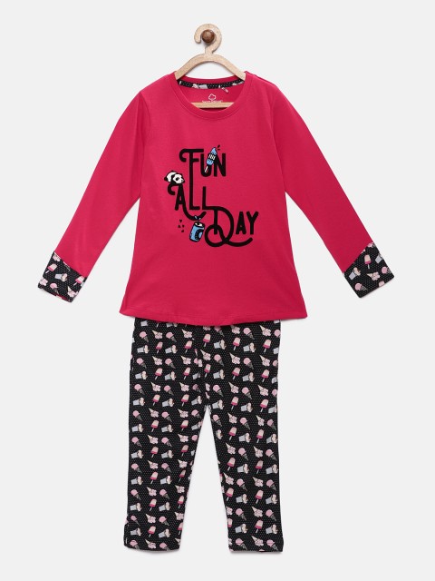 

Sweet Dreams Girls Pink & Black Printed Night Suit