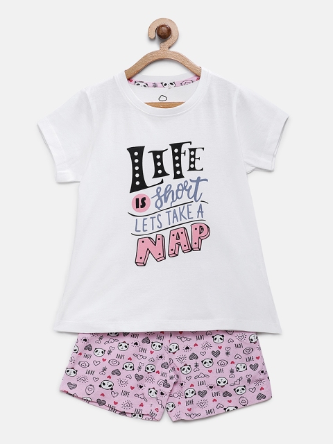 

Sweet Dreams Girls White & Pink Printed Night Suit