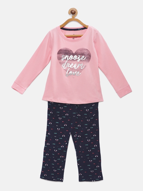 

Sweet Dreams Girls Pink & Navy Blue Printed Night Suit