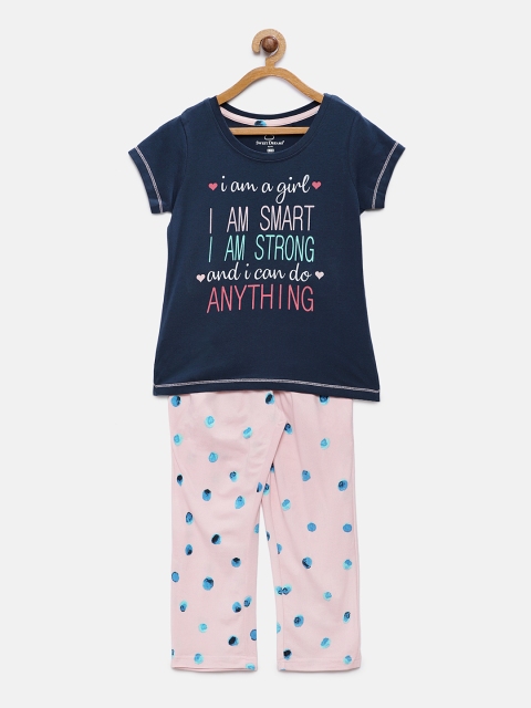 

Sweet Dreams Girls Navy Blue & Pink Printed Night suit