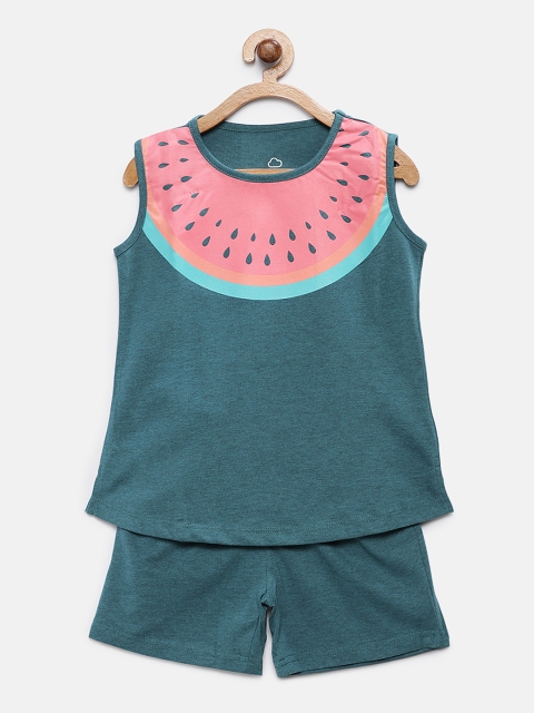 

Sweet Dreams Girls Teal Green & Pink Printed Night suit