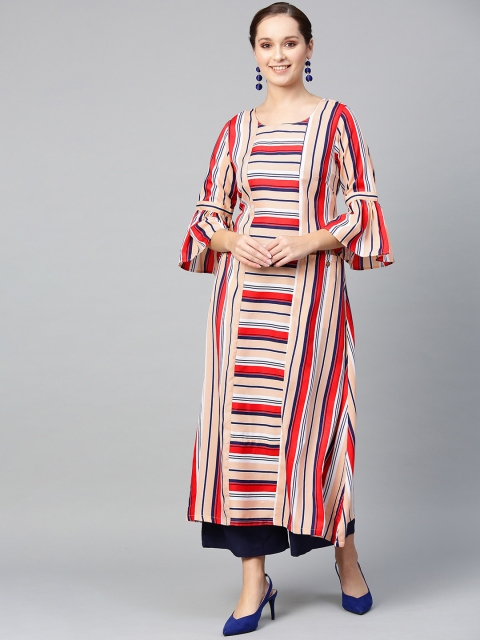 

Tulsattva Women Peach-Coloured & Navy Blue Striped Kurta with Palazzos