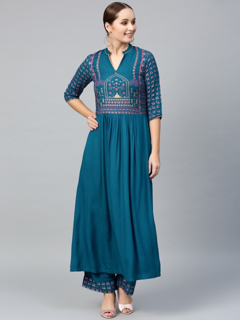 

Tulsattva Women Teal Blue & Pink Yoke Design Kurta with Palazzos