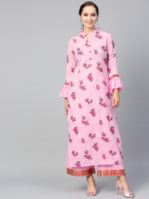 

Tulsattva Women Pink & Green Printed Kurta with Palazzos