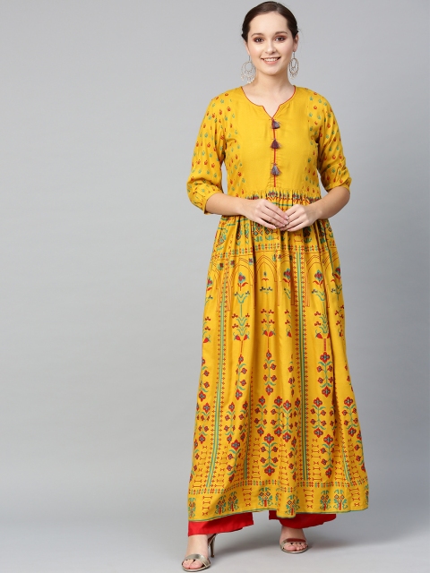 

Tulsattva Women Mustard Yellow & Red Printed Anarkali Kurta with Palazzos