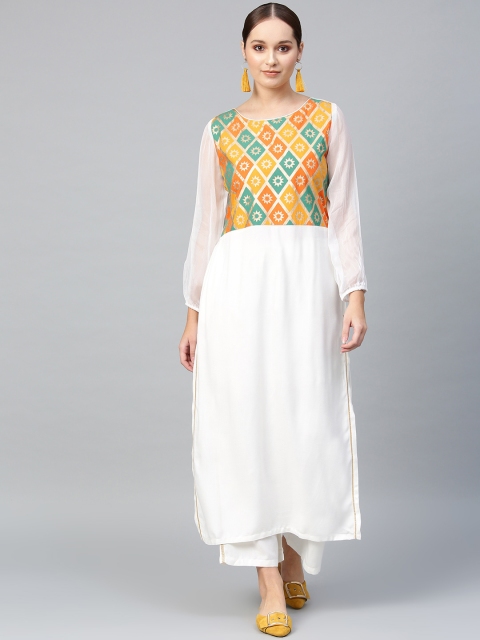 

Tulsattva Women White & Yellow Yoke Design Kurta with Palazzos