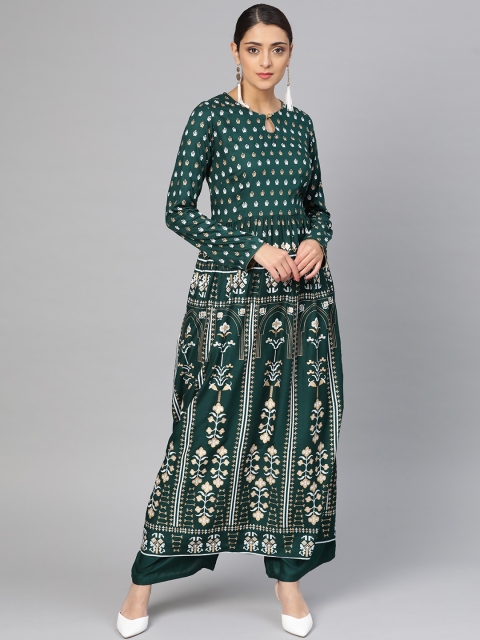 

Tulsattva Women Green & Golden Printed Kurta with Palazzos