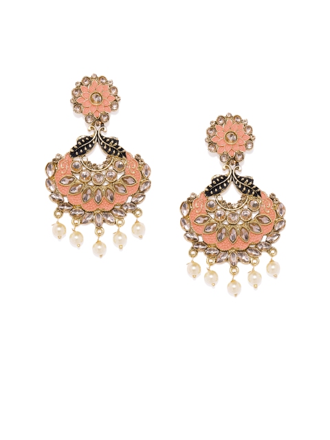

Alamod Gold-Plated & Peach-Coloured Meenakari Crescent Shaped Chandbalis