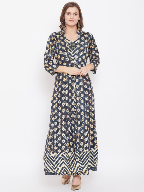

Kurti's by Menka Women Navy Blue & Beige Printed Maxi Dress