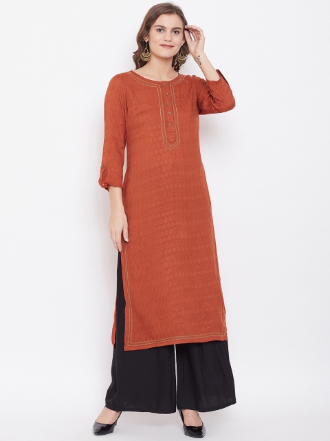 

Kurti's by Menka Women Rust Brown Self-Design Straight Kurta