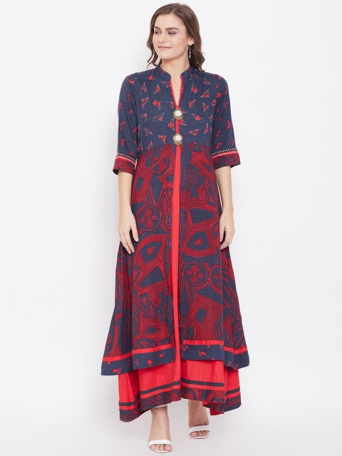 

Kurti's by Menka Women Charcoal Grey & Coral Red Printed Layered Maxi Dress