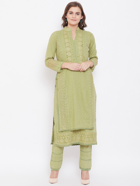 

Kurti's by Menka Women Green Layered Schiffli Embroidered Kurta with Trousers