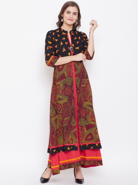 

Kurti's by Menka Women Black & Coral Red Printed Layered Maxi Dress
