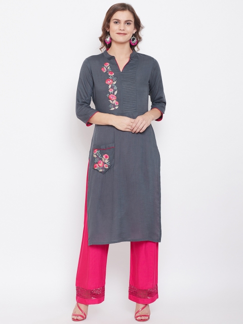 

Kurti's by Menka Women Charcoal Grey Yoke Design Straight Kurta
