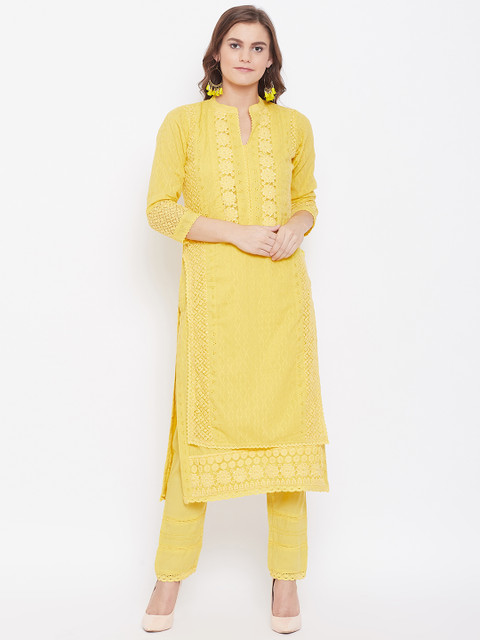 

Kurti's by Menka Women Yellow Embroidered Kurta with Trousers