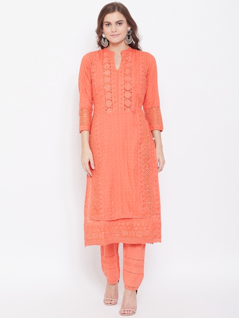 

Kurti's by Menka Women Peach-Coloured Embroidered Kurta with Trousers