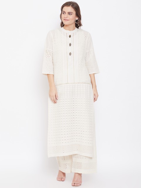 

Kurti's by Menka Women Off-White Schiffli Embroidered Kurta with Palazzos