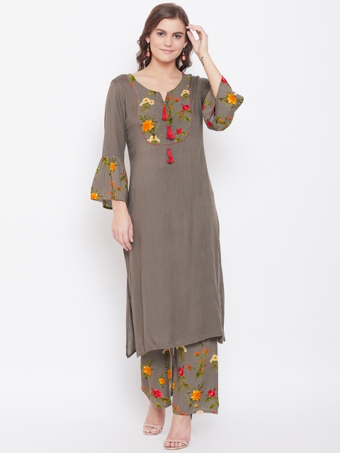 

Kurti's by Menka Women Taupe & Red Yoke Design Kurta with Palazzos