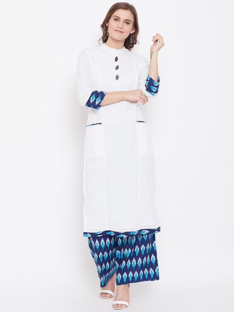 

Kurti's by Menka Women White & Blue Woven Design Kurta with Palazzos